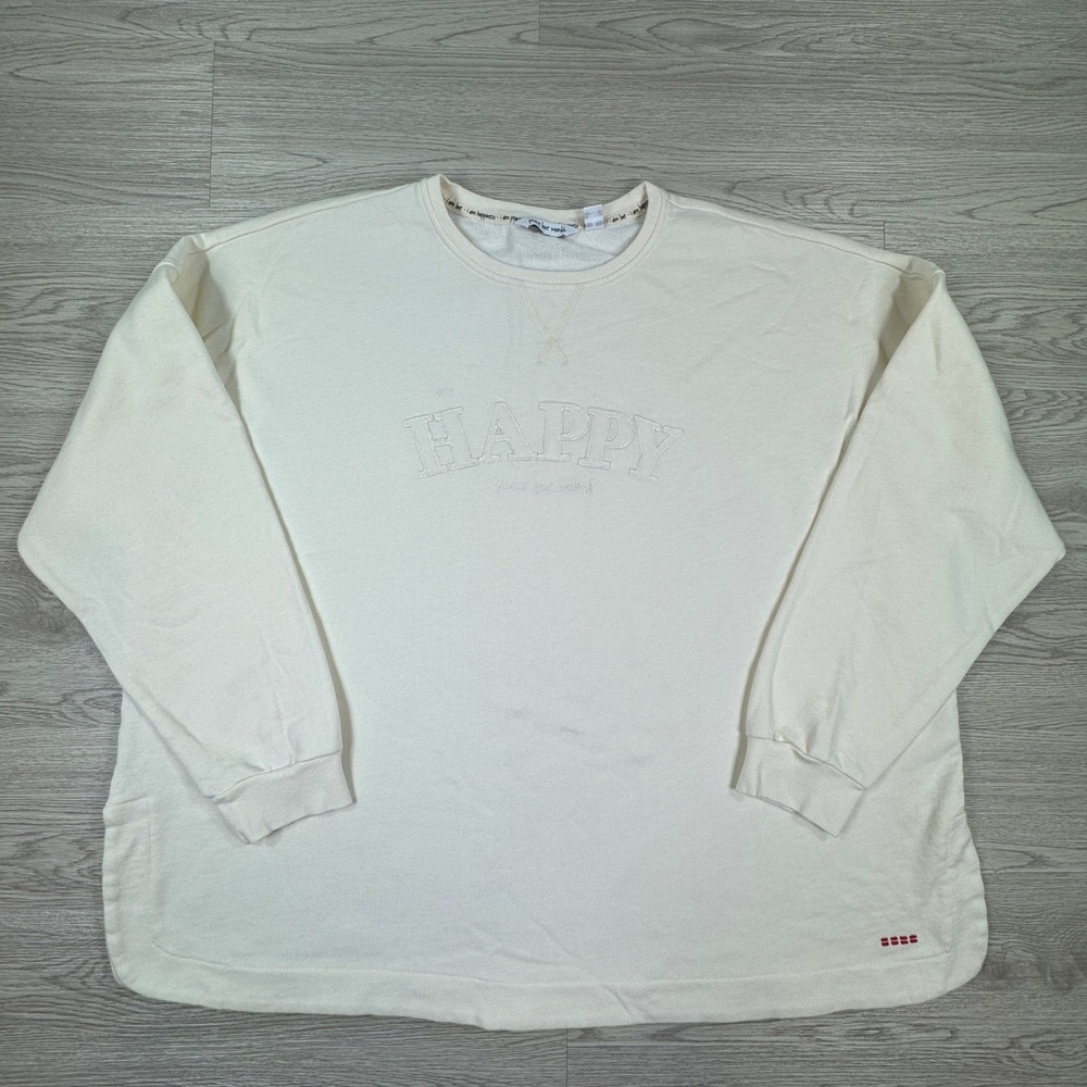 Peace Love World Women's Sweatshirt Happy‎ Embroidered Cream XL Oversized